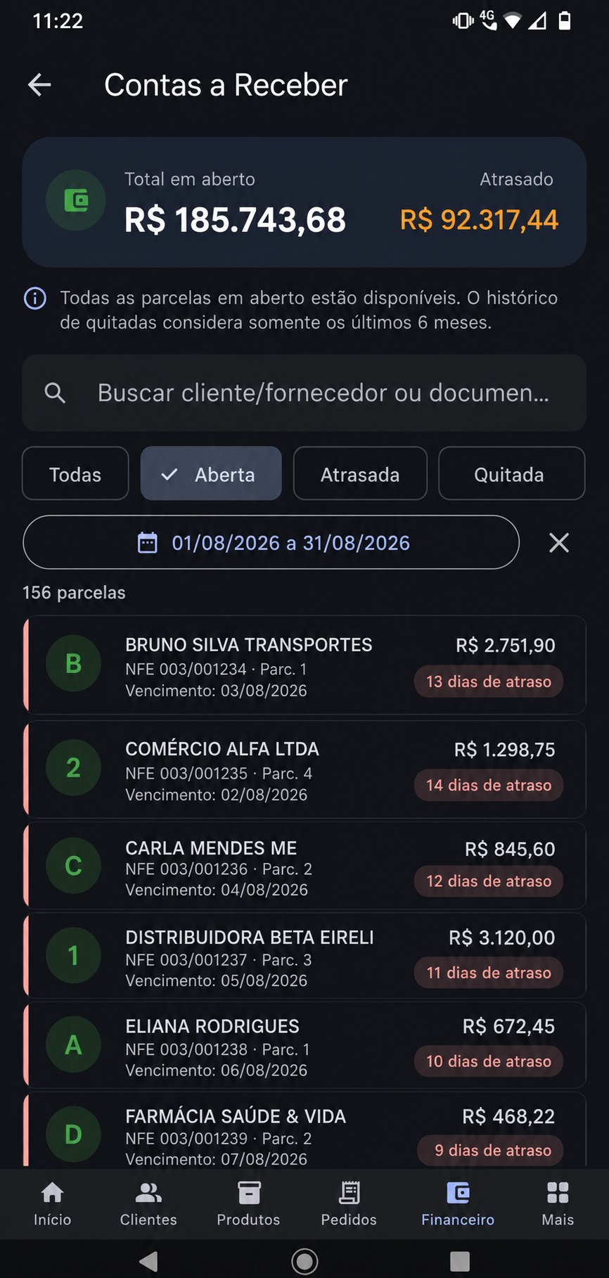 Contas a receber com parcelas em atraso no Simples Mobile